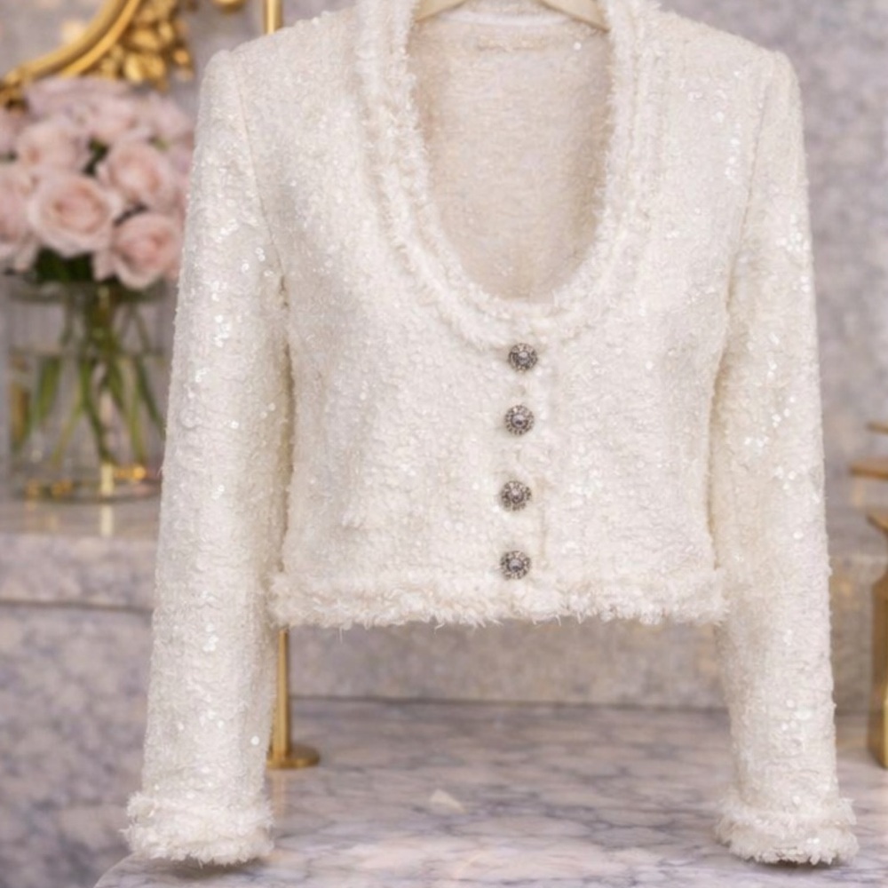 10 Crosby Derek Lam Esme Cropped Sequin Jacket White